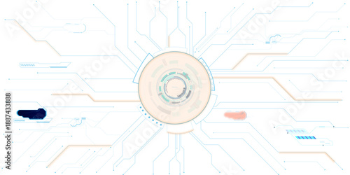 Technology science concept banner., Glowing AI circuit portal with neon HUD elements and digital tech lines spreading across futuristic background.