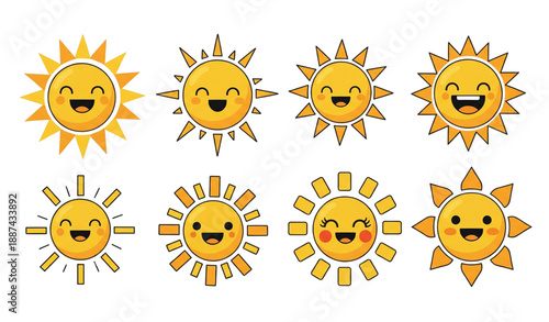 Cheerful cartoon sun character vector icon set with smiling sunshine isolated on transparent background