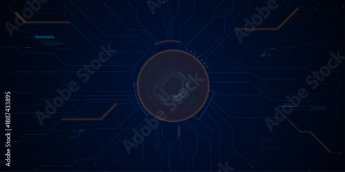 Technology science concept banner., Glowing AI circuit portal with neon HUD elements and digital tech lines spreading across futuristic background.