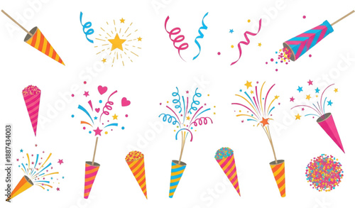Flat celebration confetti popper vector set with flying ribbons isolated on transparent background