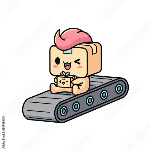 Cartoon character delivering gift on conveyor belt