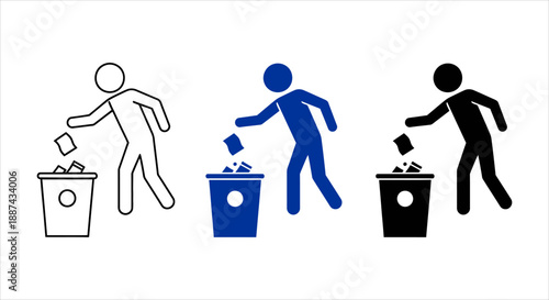 Illustrative icons showing a person actively disposing of trash into a waste receptacle