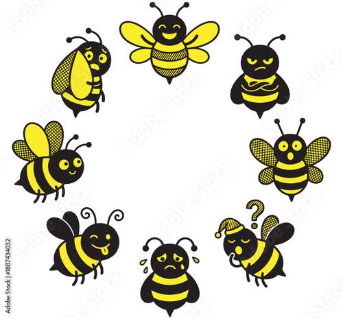 A circular arrangement of cartoon bees expressing various emotions like happiness, anger, sadness, surprise, sleepiness, confusion, and playfulness.