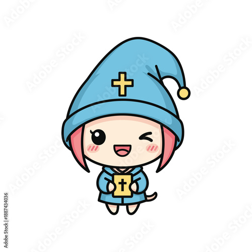 Cartoon character wearing blue hat and holding a cross