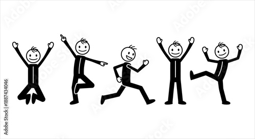 Collection of lively stick figures expressing joy, energy, and various dynamic actions