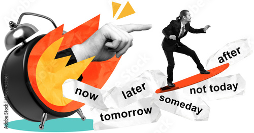 Bild auf Leinwand Businessman in suit surfing on a red board over procrastination words like tomor