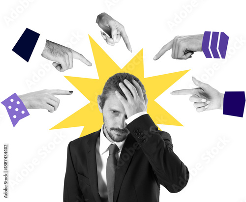 фотографія Frustrated man in suit holding head surrounded by multiple pointing hands, yello