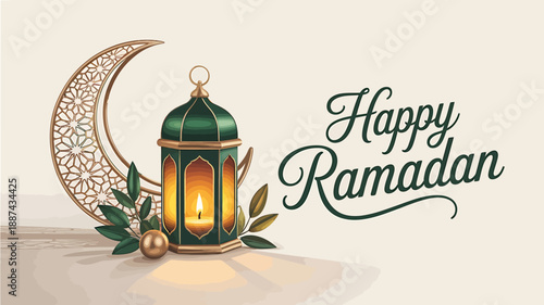 Happy ramadan greeting with lantern and crescent moon illustration