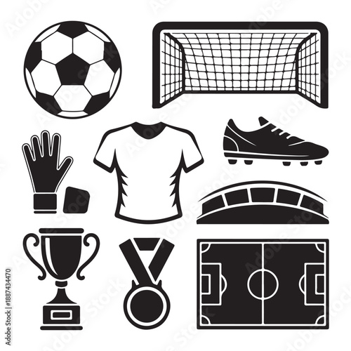 Complete Soccer Vector Illustration Set – Ball, Goal, Jersey, Boots, Trophy & Stadium