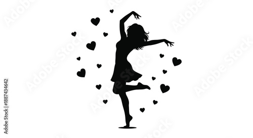 A silhouette of a woman joyfully dancing amidst a shower of floating heart shapes evoking love high quality