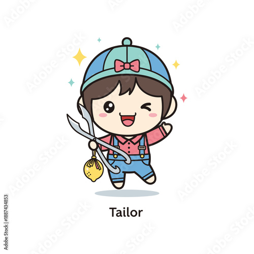 Happy cartoon tailor with sewing tools and accessories