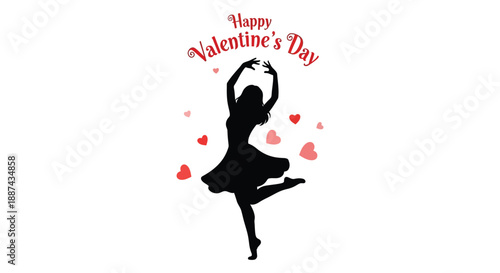 A graceful silhouette of a dancer twirling amidst floating hearts celebrating a happy valentine s day with elegance