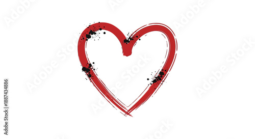 A roughly drawn red heart shape dominates the white background featuring a textured brushstroke effect with dark specks