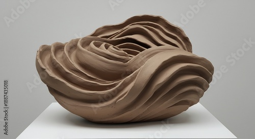 A swirling clay sculpture sits on a white platform against a neutral gray background featuring layered wavelike formations