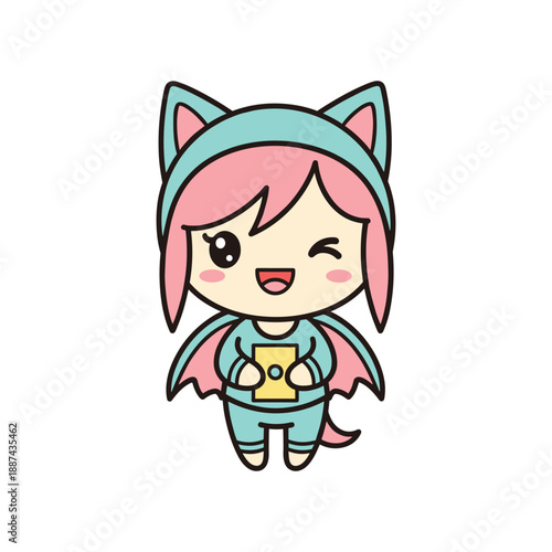Cute cartoon character dressed as a superhero with pink hair