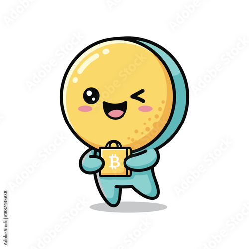 Happy coin character holding bitcoin wallet