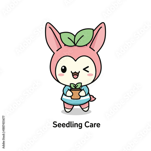 Cute cartoon character taking care of a seedling in a pot