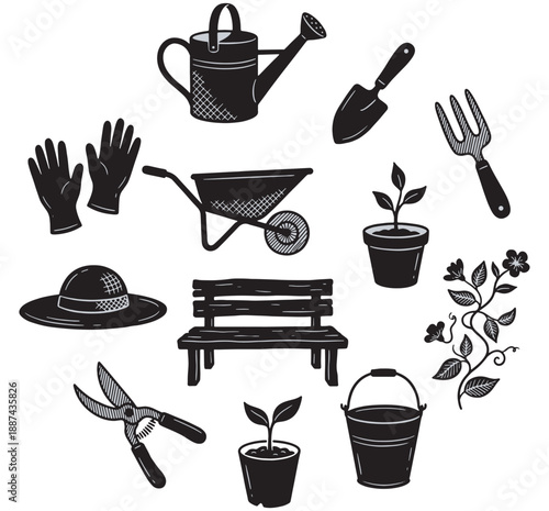 A collection of essential gardening tools and accessories including a watering can, trowel, gloves, wheelbarrow, bench, and potted plants, depicted in a monochrome style.