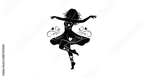 A striking silhouette of a woman dancing gracefully adorned with floral details and a heart shape showcases artistry