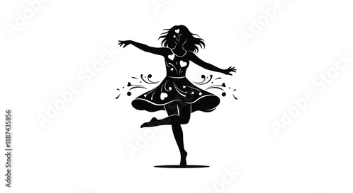 A striking silhouette of a woman joyfully dancing depicted in a graceful flowing pose against a white background
