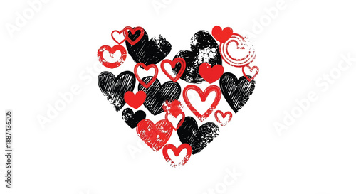 An artistic composition of overlapping black and red heart shapes creates a visually striking and romantic aesthetic