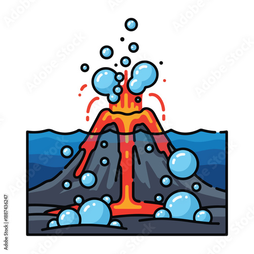 A cartoon volcano erupting underwater
