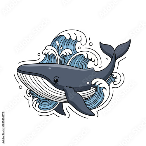 A cartoon whale swimming in waves