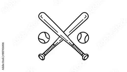 Black and white outline illustration of two crossed baseball bats with two baseballs, a minimalist design symbolizing the sport of baseball.