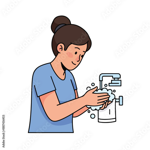 A cartoon woman washes her hands with soap