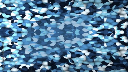 Abstract Blue Kaleidoscope Pattern Swirls Across Frames.