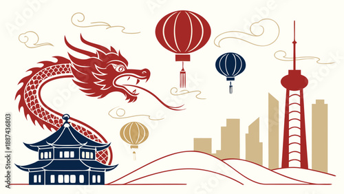 Red Dragon and City Skyline with Traditional Lanterns and Pagoda in Flat Vector Style