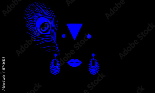 Lord Krishna abstract face silhouette with blue peacock feather and traditional earrings, Hindu God Madhav minimalist digital art illustration for Janmashtami and spiritual home decor