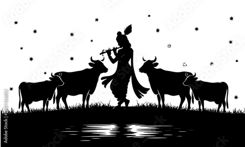 Lord Krishna silhouette playing flute with cows, divine Gopal cowherd scene, Hindu mythology spiritual vector illustration for Janmashtami and temple decor.