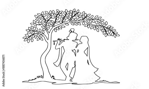 Radha Krishna continuous line art, divine Hindu couple under tree with flute, minimalist spiritual wedding vector illustration for modern wall decor and branding