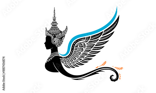 Mythological winged woman silhouette with ornate headdress, celestial Kinnari or Apsara goddess vector, traditional Southeast Asian fantasy art isolated on white.