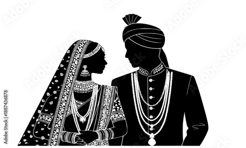 Indian wedding couple silhouette in traditional ethnic attire, bride in lehenga and groom in sherwani with turban, romantic Hindu marriage vector for invitation design