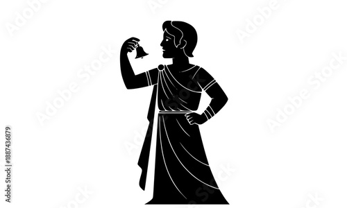Ancient Greek man silhouette ringing a small bell, youth in traditional Hellenic chiton and armbands, herald or messenger figure vector illustration isolated on white background