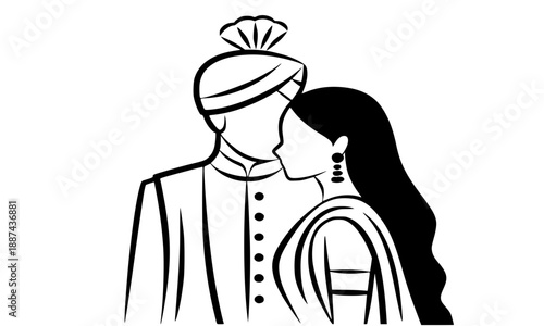 Minimalist Indian wedding couple line art, bride and groom in traditional sherwani and saree silhouette, modern ethnic marriage vector illustration for luxury invitations and branding, isolated