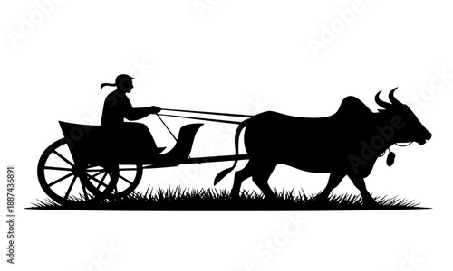 Indian farmer riding bullock cart silhouette, traditional rural transportation and agriculture scene, ancient village lifestyle vector illustration isolated on white background