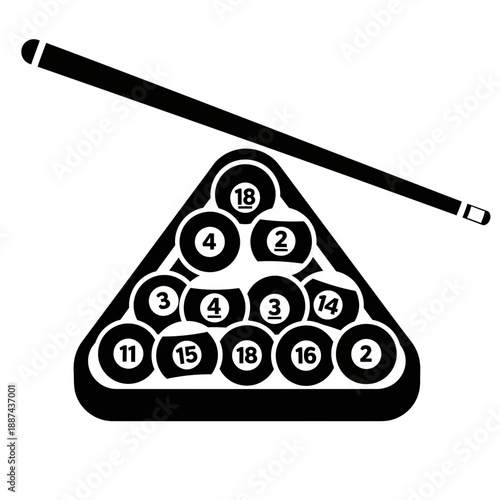 Billiards Triangle Rack Icon – Pool Balls and Cue Stick Symbol for Snooker & Game Design