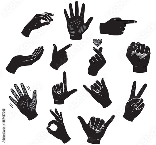 Collection of diverse hand gestures and signals in black silhouette, representing communication and expression.