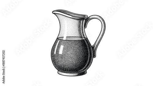 Detailed hand drawn sketch of small glass pitcher filled with juice or wine showing stipple shading and realistic reflections on white.
