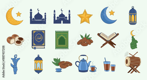 Ramadan Kareem Islamic Symbols and Icons Set.