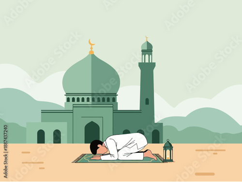 Man Praying Outside Mosque Illustration.