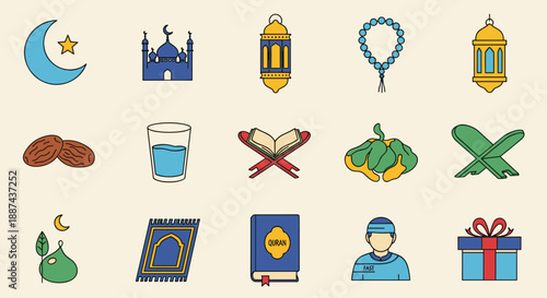 Ramadan Kareem Islamic Icons and Symbols Set.