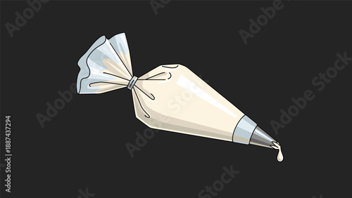 Vector illustration of pastry bag filled with white cream or frosting and a single drop falling from the metal tip on dark background.