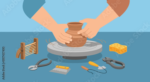 Potter shaping clay on pottery wheel.