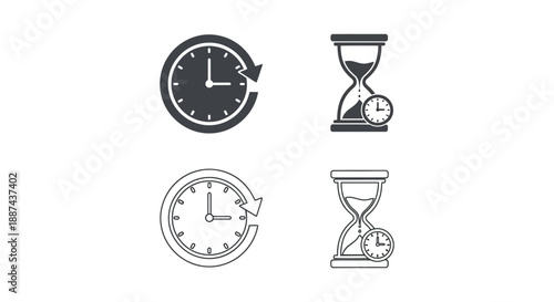 Collection of isolated icons representing time management concepts in various styles