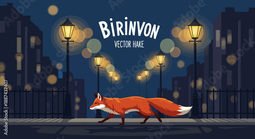 Red Fox Walking on City Street at Night.