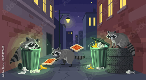Raccoons Rummaging Through Trash Cans at Night.